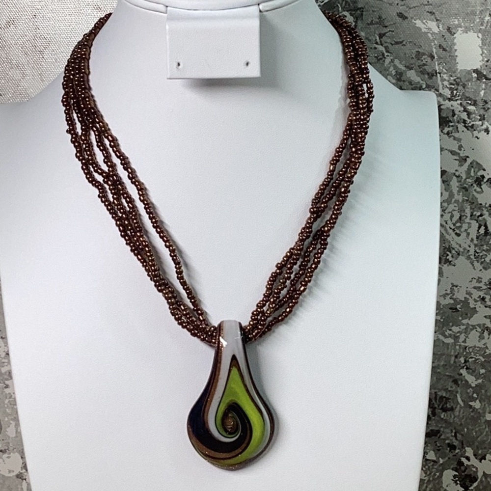 Glass Copper Green White Pendant with Copper Seed bead Necklace